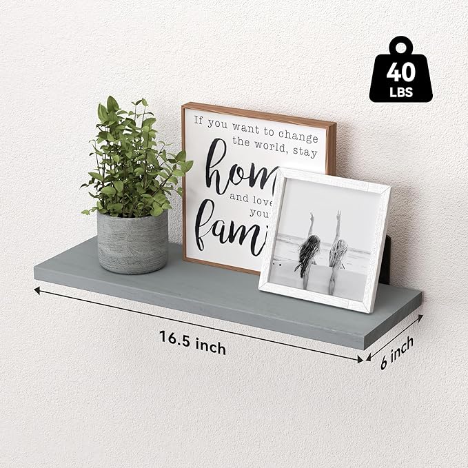 WOPITUES Wood Floating Shelves Set of 6, Shelves for Wall Decor, Farmhouse Shelf for Bedroom, Bathroom Storage Shelves, Book Shelves for Living Room-Grey