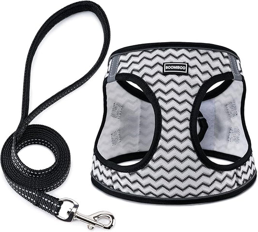 BOOMIBOO Dog Harness with Leash Set, No Pull Adjustable Reflective Step-in Puppy Pet Vest Harnesses for Small Medium Large Dogs and Cats,White Stripe XXS