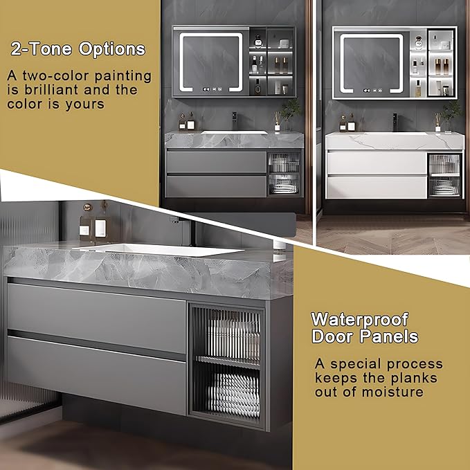 Gray 36IN Modern Bathroom Vanity - Wall-Mounted Bathroom Storage Cabinet & Bathroom Vanity with Sink, Bathroom Medicine Cabinet Wall Mounted, Defogging & Led Lighting | Bathroom Cabinet Slim