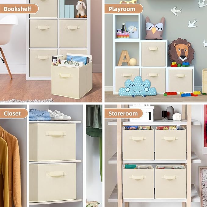 STORAGE MANIAC Storage Cubes, 11 Inch Collapsible Storage Bins with Handles, 4 Pack Fabric Foldable Bins for Organization, Durable Storage Bins for Closet, Shelves, Offices, Toys, 4-Pack Beige