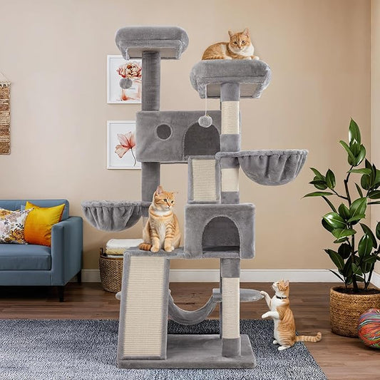 WEEWAY Cat Tree Tower for Indoor Cats,65'' Multi-Level Cat Furniture Activity Center,Stand House Condo Cave,Sisal Scratching Posts Ramps,Plush Perches Platforms Basket Hammock,Grey