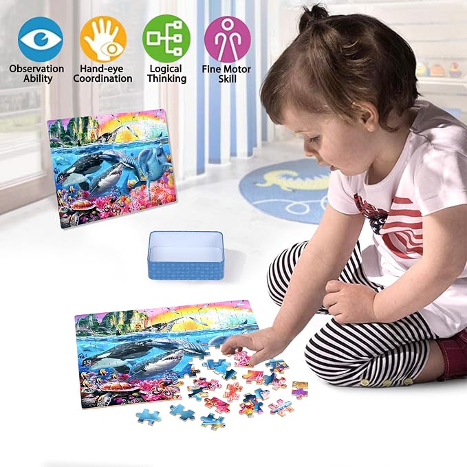 LELEMON Puzzles for Kids Ages 4-6,Underwater World 100 Piece Puzzles for Kids Ages 4-8 in a Metal Box, Educational Jigsaw Puzzles 100 Piece Puzzle Games Puzzle Toys for Girls and Boys
