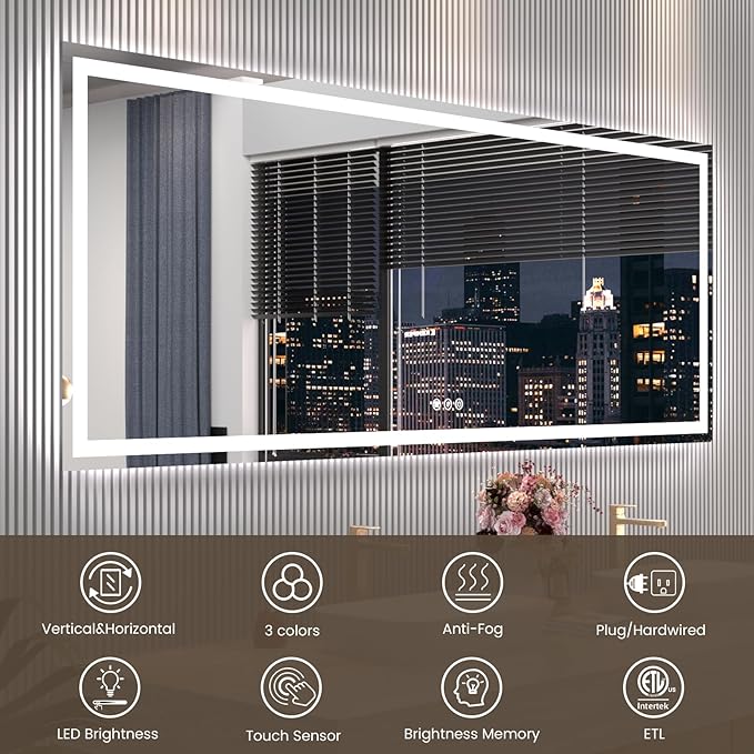 84"X32" LED Bathroom Mirror with Front Lights and Backlit, Anti-Fog, Dimmable, Shatter-Proof Tempered Glass, Lighted Bathroom Vanity Mirror for Wall with 3 Colors, Memory Function