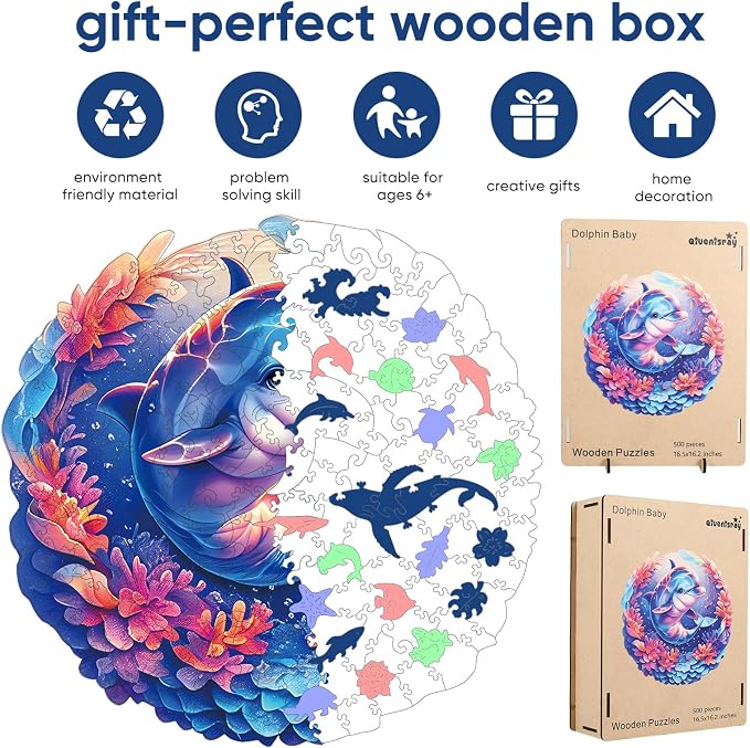 Qiuenisray Wooden Puzzles for Adults 500 Pieces, Dolphin Jigsaw Puzzles | FSC Certified Unique Ocean Adult Puzzles, Irregular Wood Puzzles, Creative Gift for Family Game 16.2x16.5 in