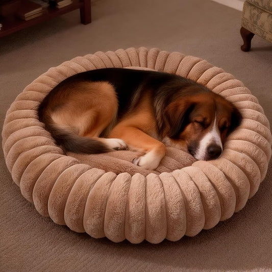 Donut Dog and Cat Bed, Luxurious Comfortable Faux Rabbit Fur Pet Beds, Round Anti-Anxiety Calming Puppy Kitten Bed with Anti-Slip Bottom for Small Medium Dogs & Cats(28", Brown)