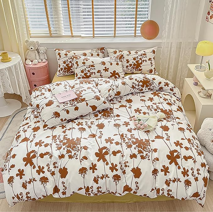 karever Botanical Comforter Set Queen White and Pumpkin Floral Plant Bedding Girls Garden Pattern Printed on Blanket Rustic Leaf Blossom Women Farmhouse Queen,Queen(90''*90'')