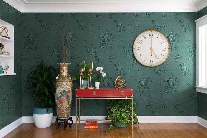 Erfoni 394"x17.7" Dark Green Floral Embossed Wallpaper