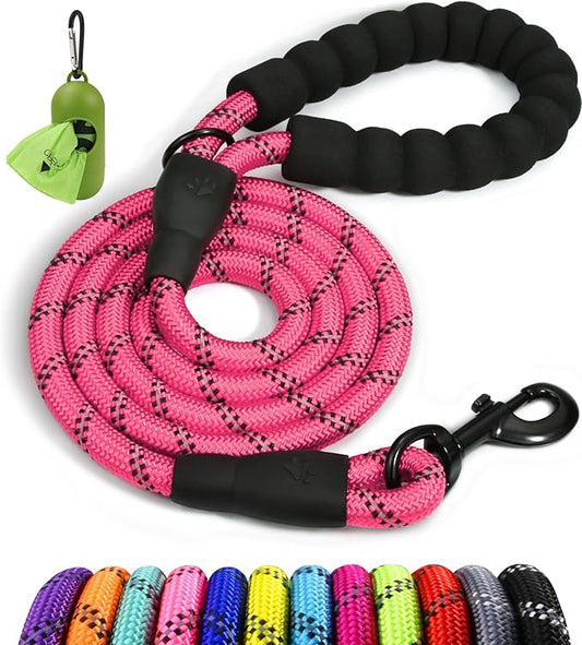 Taglory Rope Dog Leash 5 FT with Comfortable Padded Handle, Highly Reflective Threads Leash and Anti-Tangle Clip for Walking Medium Large Dogs, 1/2 inch, Pink