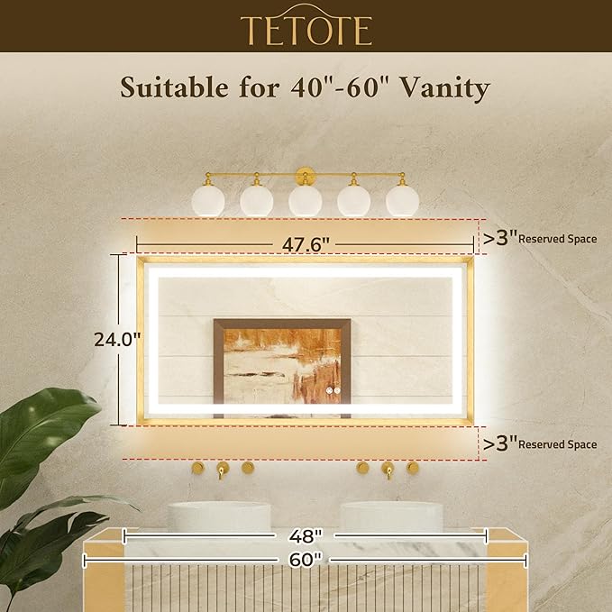 TETOTE 48 x 24 Bathroom LED Mirror Brushed Bright Nickel Metal Frame Frontlit & Backlit Vanity Mirror Stepless Dimmable Anti-Fog 3 Colors White/Warm/Natural Light up Vanity Mirror Wall-Mounted