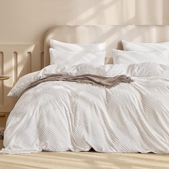 JELLYMONI Duvet Cover Super Queen Size White - 3PCS Boho Duvet Cover Set Plaid Polyester Tufted Bohemian Jacquard Knit Textured Comforter Cover 98×90in Rhombic Geometric Pattern Zipper Corner Tie