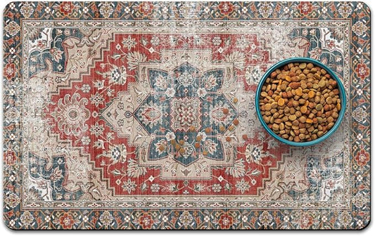 Dog Food Mats for Floors, Absorbent and Quick-Drying Pet Cat Food Mat,Anti-Fouling and Easy-to-Clean Pet Feeding Mat,Dog Bowl Mat for Messy Drinking Water Bowls.17 x27, Bohemia Style