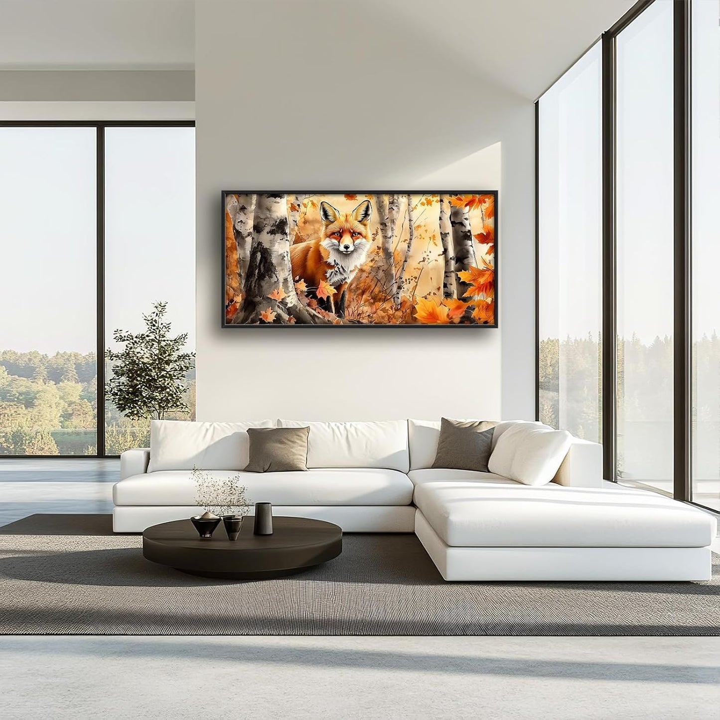 Large Fox Wall Art for Living Room, Framed Oversized Fall Autumn Forest Wall Decor Tree Maple Leaves Canvas Painting Modern Artwork for Living Room Bathroom Bedroom Office Dining Room 60"x30"