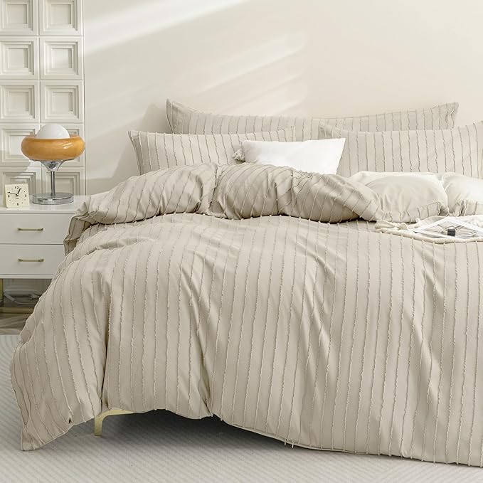 JELLYMONI Duvet Cover Oversized King Size Light Khaki - 3PCS Boho Striped Duvet Cover Set Polyester Tufted Bohemian Textured Comforter Cover 120×98in with Corner Ties & Zipper and 2 Pillowcases
