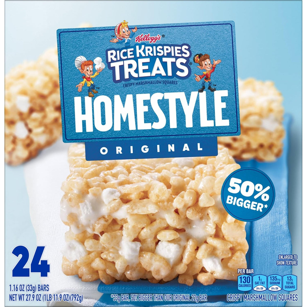Rice Krispies Treats Homestyle Crispy Marshmallow Squares, Kids Snacks, Snack Bars, Original, 27.9oz Box (24 Bars)