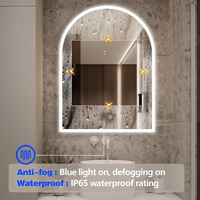 Niccy Arched LED Bathroom Mirror, 40"x30" Arch Frameless Frontlit & Backlit Mirrors for Wall, Arched Lighted Vanity Mirrors with Memory Function for Bathroom Bedroom, Defogger 3 Color, Explosion-Proof