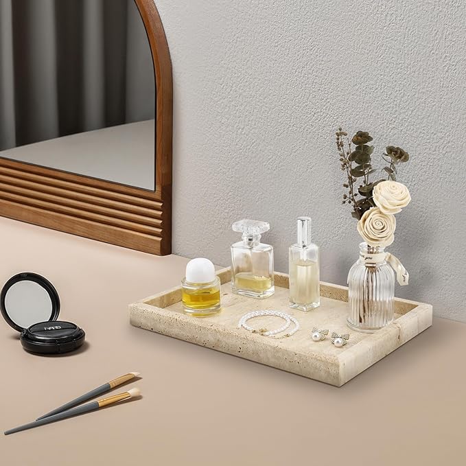 Real Natural Travertine Tray for Bathroom, Vanity, Kitchen and Desktop, Rectangle Genuine Travertine Stone Tray for Jewelry, Cosmetics, Candles, Lotion, Perfume and Home Decor