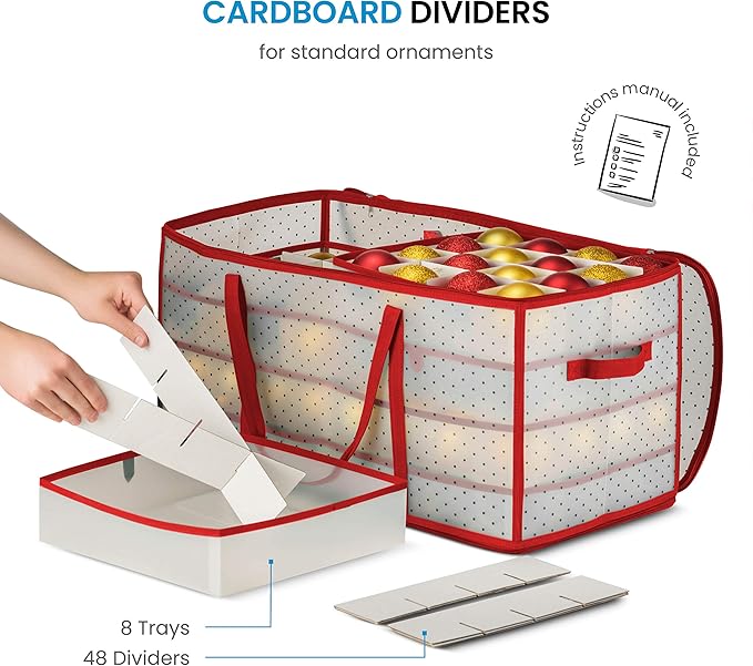 ZOBER Christmas Ornament Storage Box - Stores 128 Ornaments W/ 2 Sided Zipper - Flexible Plastic Christmas Ornament Storage Containers - 3 Inch Cube Compartments - Red
