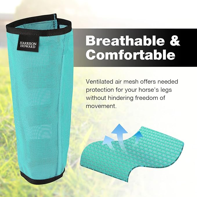 Harrison Howard Loose Fitting Fly Boots UV-Protective Extra Tough Mesh Ventilated Four Fasteners Stay-on Design Protect Horse Legs & Stomp-Reducing Set of 4 Mint Small