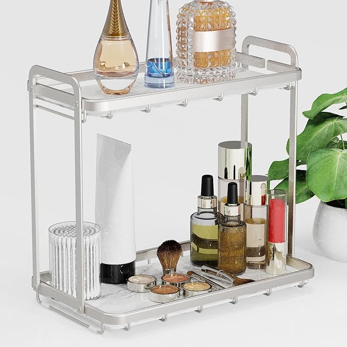 Counter Organizer for Bathroom, Kitchen or Coffee Bar, Metal Shelf with Faux Marble, Vanity Countertop Makeup Storage, Dresser Perfume Display Rack, Toilet Tank Tray (Matte Silver, 2-Tier)