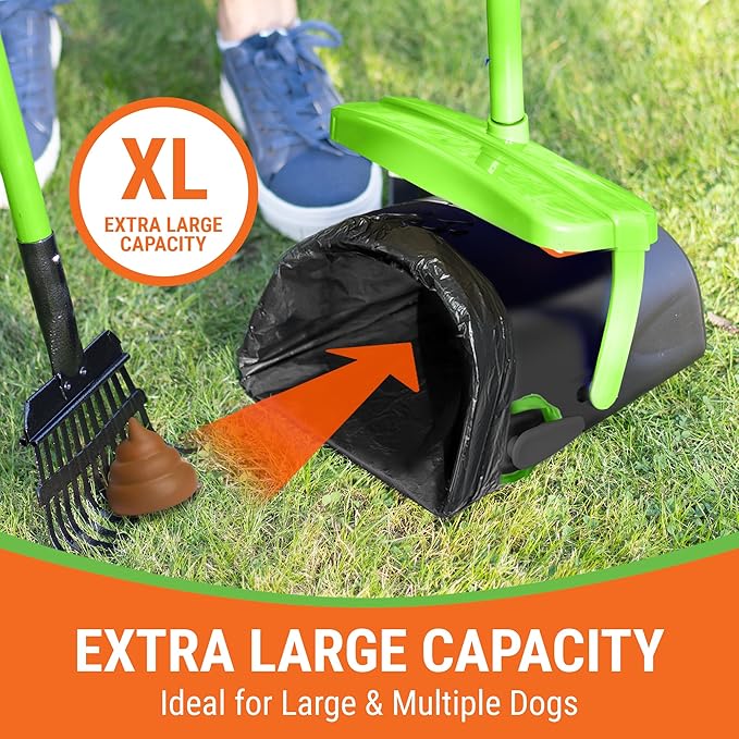 Dog Pooper Scooper with Bag Attachment, 40" Long Handle Pooper Scooper for Large Dogs, Dog Poop Scoop for Yard, Large Capacity Swivel Bin and Rake, Lavender Scented Bags (Green)