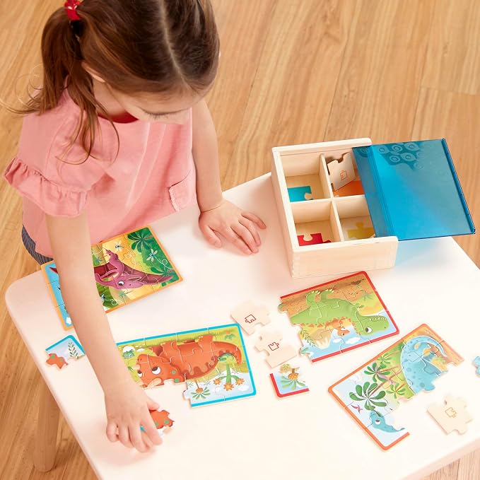 B. toys Wooden Jigsaw Puzzle Set, Pack o' Puzzles 3-Pack Storage, 3 Pack | 12 wooden 12-piece puzzles with pets, dinos and trucks in 3 sturdy storage boxes; color-coded backs for sorting; 3+ Years