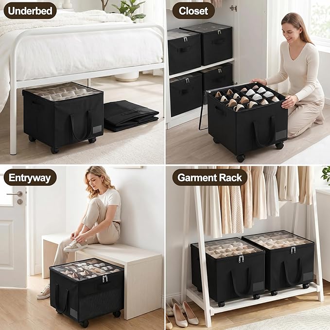 Large Rolling Shoe Organizer Boxes, 2 Pack – Black