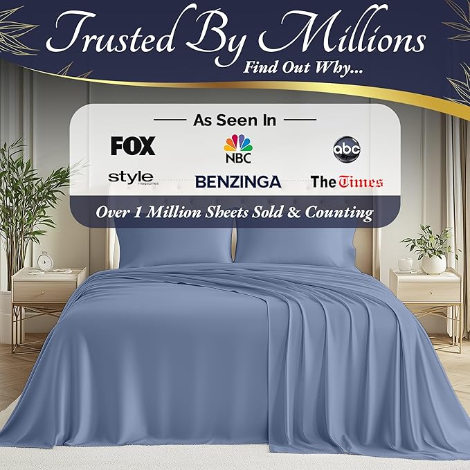 DECOLURE 100% Viscose Derived from Bamboo Sheets Cal King Size 4pcs - Ultra Soft & Luxuriously Cooling, 17" Deep Pocket,Double Stitching,Perfect for Hot Sleepers - King Bed Sheets (Light Blue)