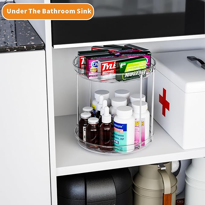 2 Tier Lazy Susan Turntable for Cabinet,Countertop,Pantry,9.5"W Spinning Seasoning Organizer,Double Rotating Kitchen Spice Rack Organizer and Condiments,Medicine,Vitamin Bottle Organizer Carousels,1Pc