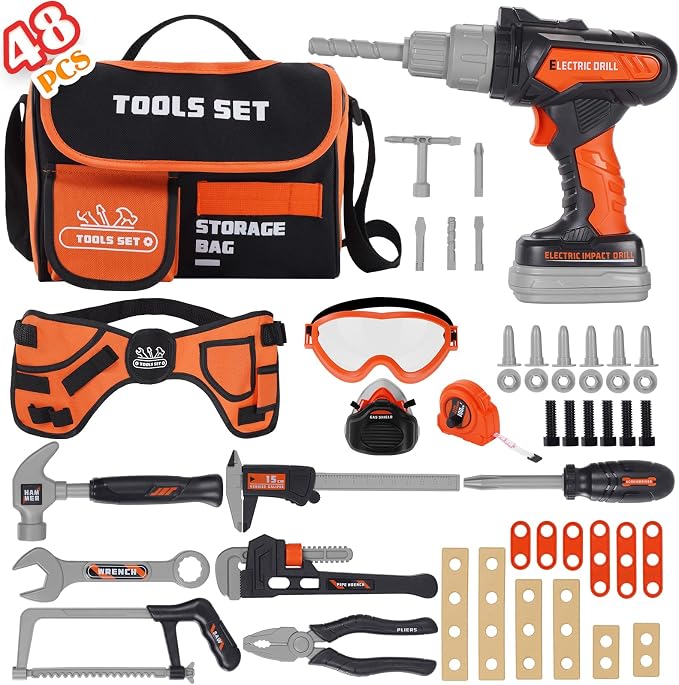 Kids Tool Set- 48PCS Tool Set Toys with Electronic Toy Drill, Tool Bag&Tool Belt&Tape Measure, Pretend Play Kids Construction Tool Kits Toy for Boys, Kids Birthday Gift for Boys Girls Ages 3+