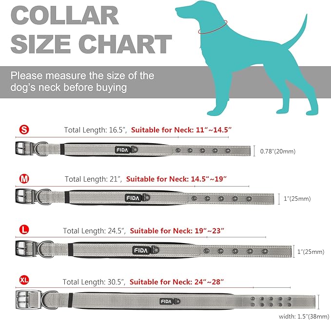 Fida Heavy Duty Dog Collar, Ultra Comfortable Soft Neoprene Padded, Adjustable Reflective Nylon Pet Collar with Durable Metal Belt Buckle for Large Breeds (L, Grey)