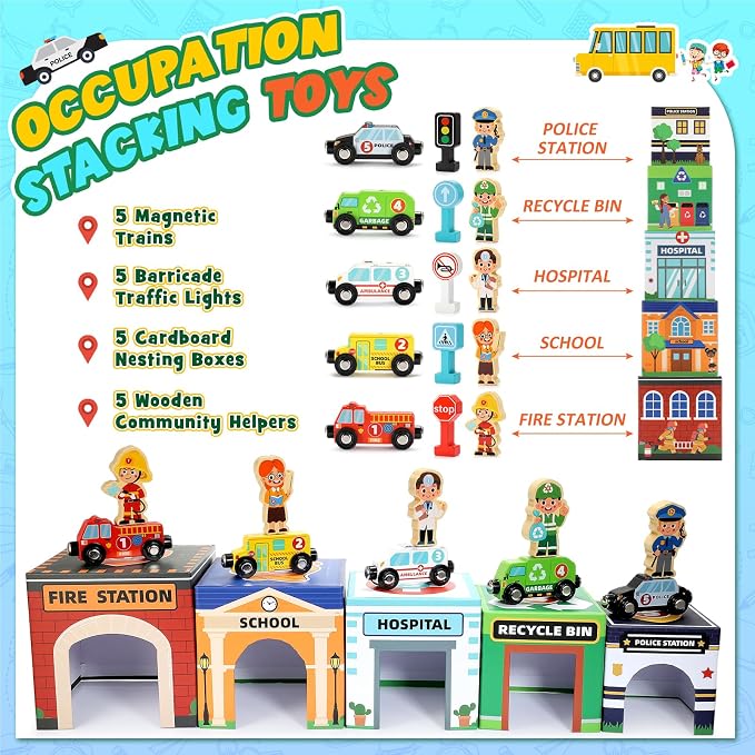 Baby Stacking Toys for Toddlers, Magnetic Wooden Cars & Garage Sorting Community Helpers Preschool Educational Learning Montessori Toys Birthday Gifts for Kids Number Blocks Nesting Boxes