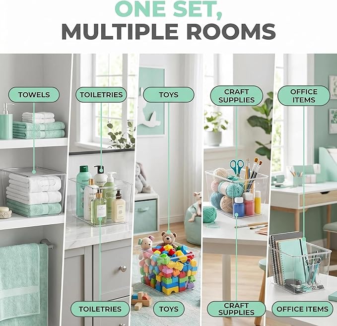 YAN & HIN 8 Pack Clear Storage Bins with Lids, Stackable Plastic Organizer Bins with Handles, Pantry Organizers and Storage for Kitchen Cabinet, Fridge, Bathroom, Closet and Shelf Organization