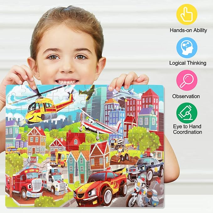 LELEMON Puzzles for Kids Ages 4-8 Transportation Vehicles Jigsaw Puzzles for Kids Boys Girls 100 Pieces Fire Truck Car Learning Educational Puzzles in a Metal Box