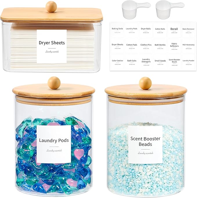 Glass Laundry Pods Container & Acrylic Dryer Sheet Holder with Bamboo Knobs Lids, Scoops & Labels | Premium Laundry Room Organization and Storage for Detergent Pods, Powder, Dryer Balls & Beads