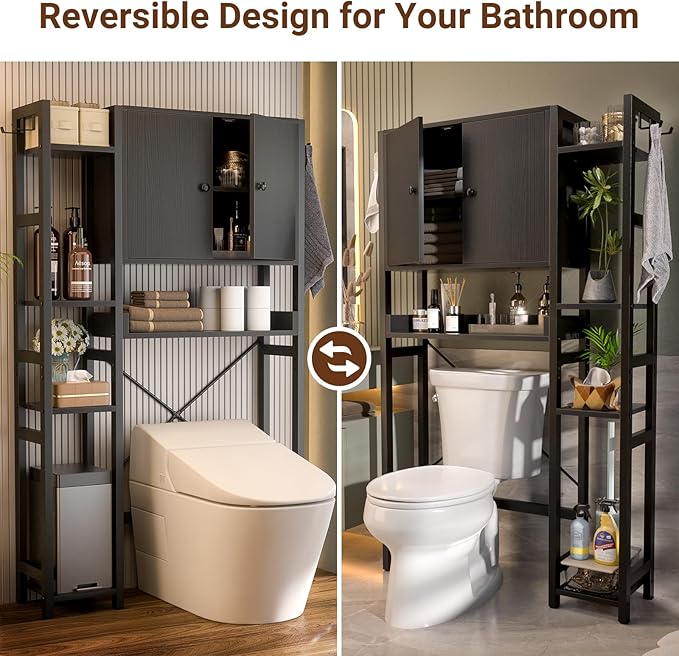 Over The Toilet Storage Cabinet with Doors - 7 Tier Bathroom Organizer with Adjustable Shelf, Freestanding Space Saver Rack Above Toilet Stand with 4 Hooks for Bathroom, Restroom, Laundry, Black