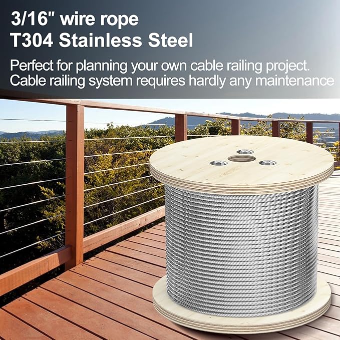 BLIKA 250FT 3/16" Stainless Steel Cable, 304 Stainless Steel Decking Railing Cable with 7 x 19 Strand Construction, 3700lbs Breaking Strength Marine Grade for Rail, Deck and DIY Balustrade