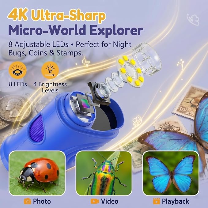 Kids Microscope, 1000X Handheld Digital Pocket Microscope with 2.4" IPS Screen & 8 LEDs, Rechargeable STEM Educational Science Toy for Outdoor Exploration, Gift for Boys Girls Age 4-12, Blue