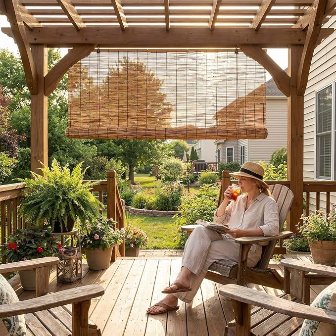 Outdoor Bamboo Roller Blinds, Retro Breathable Reed Shades