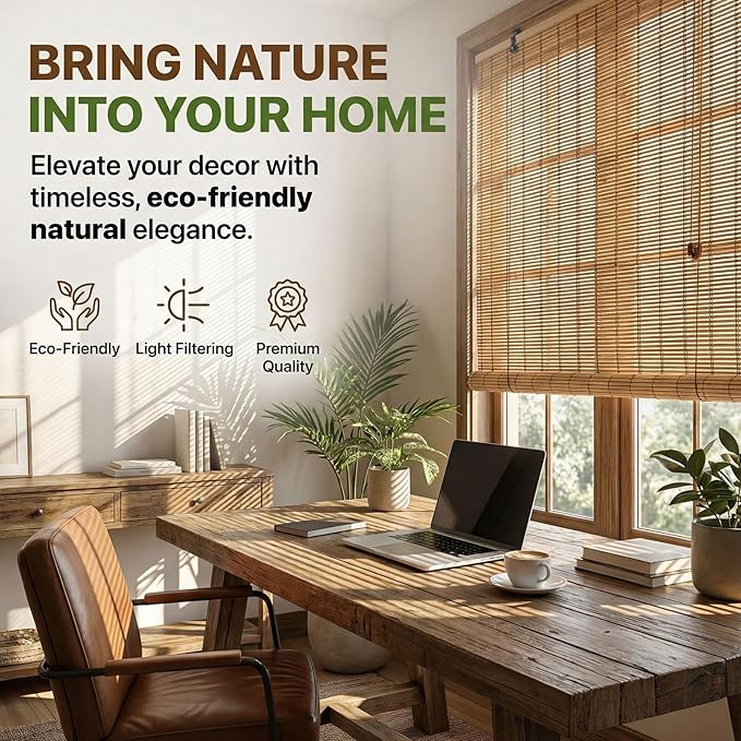 Glimer Bamboo Blinds for Interior Windows, Natural Roll Up Bamboo Shades for