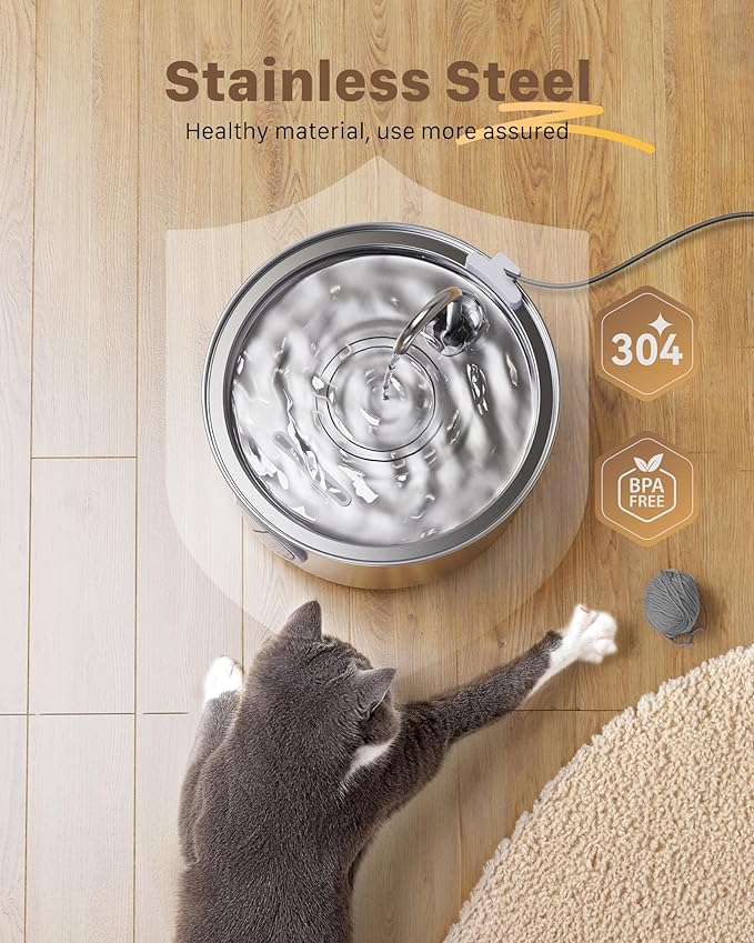 Stainless Steel Pet Water Fountain: 108oz/3.2L Cat Fountains with Led Light - Metal Bowl