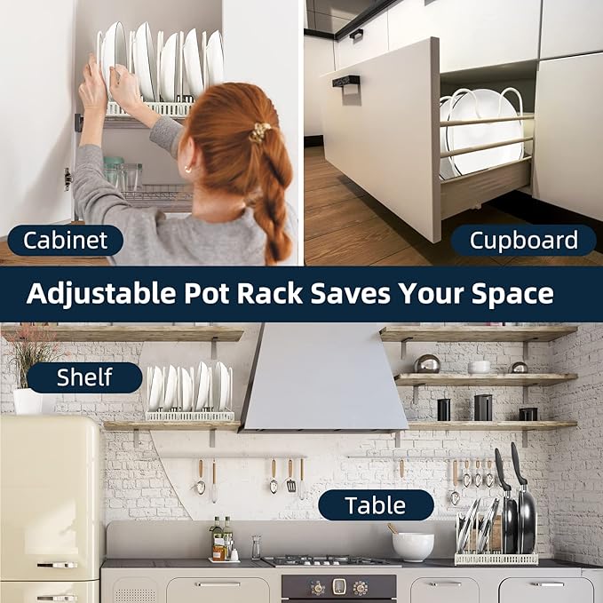 ROOHUA Pot Rack - Expandable Pot & Pan Organizer for Cabinet, 10 Adjustable Compartments (Apricot, 10)