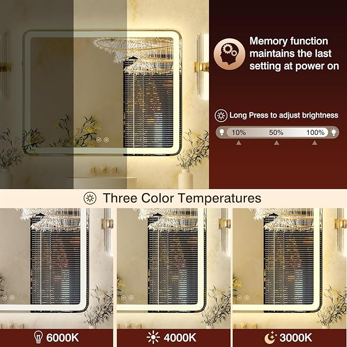28x36 LED Bathroom Mirror, Lighted Bathroom Vanity Mirror with Stepless Dimmable, 3 Colors, Anti-Fog, Front and Back Lighted Mirror for Wall
