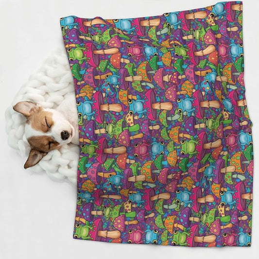 Dog and Cat Blanket in One, Watercolor Frogs Trippy Mushroom Cartoon, Double Sided Plush Throw with Raised Dot Pattern on One Side and Flat Velvet on Other for Variety