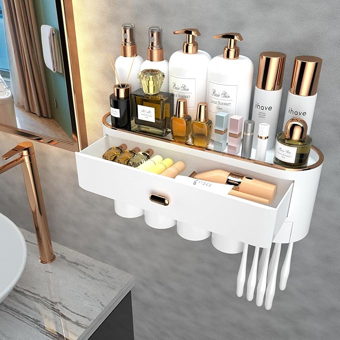 iHave Toothbrush Holders for Bathrooms - Upgrade Wall Mounted Toothbrush Holder with Toothpaste Dispenser - 4 Cups