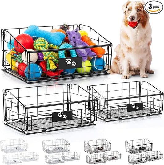 Mimorou 3 Pack Metal Dog Toy Baskets Multi-sized Foldable Dog Toy Bins Box Storage Container Organizer for Living Room Area Decorative Pet Accessories Coat Clothing Storage Holder Baskets(Black)