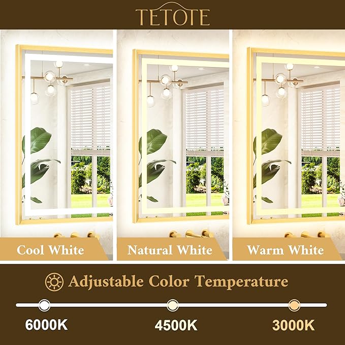 TETOTE 72 x 36 Large Bathroom Mirror Brushed Gold Metal Frame Frontlit & Backlit Vanity Mirror 3 Colors White/Warm/Natural Stepless Dimmable Anti-Fog Bathroom Mirrors for Vanity Wall-Mounted