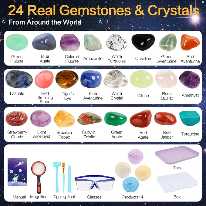 QLKUNLA Gemstones Dig Kit, Excavate 24 Real Gems in Solar System STEM Educational Space Toys for Boys & Girls Archaeology Geology Science Project Gift