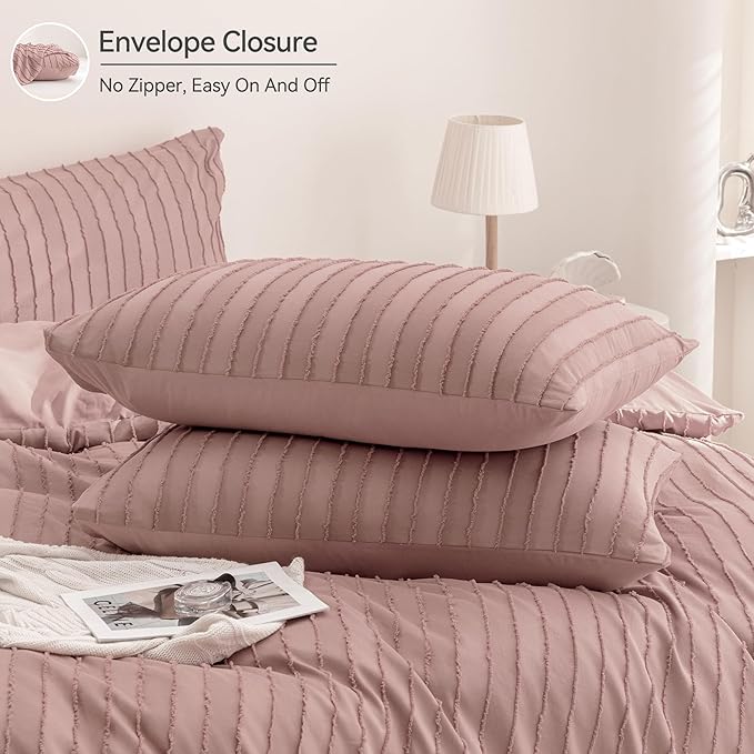 JELLYMONI Duvet Cover Twin Size Smokey Pink - 3PCS Boho Striped Duvet Cover Set Polyester Tufted Bohemian Textured Comforter Cover 68×90in with Corner Ties & Zipper and 2 Pillowcases