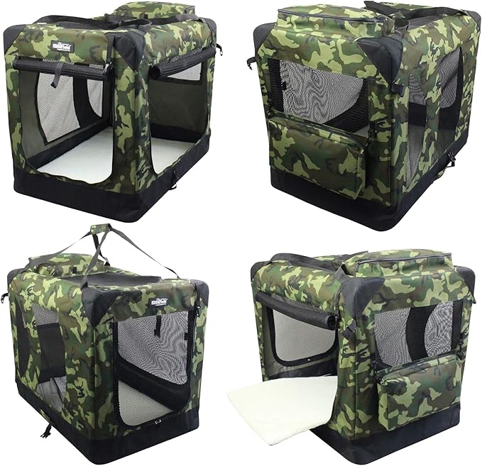 EliteField 3-Door Folding Soft Dog Crate with Carrying Bag and Fleece Bed (2 Year Warranty), Indoor & Outdoor Pet Home (36" L x 24" W x 28" H, Camo)