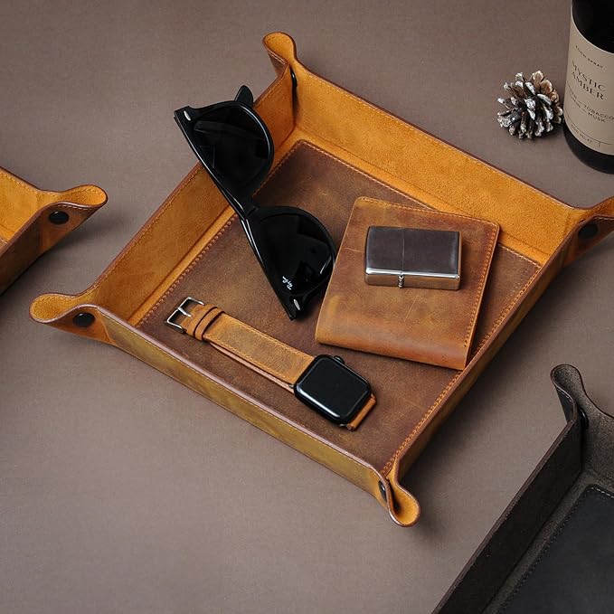 Handmade Leather Catch All Tray, Customizable Handcrafted Genuine Leather Valet Tray and Organizer for Keys, Phones, Jewels, Coins, Square - Small, Grey